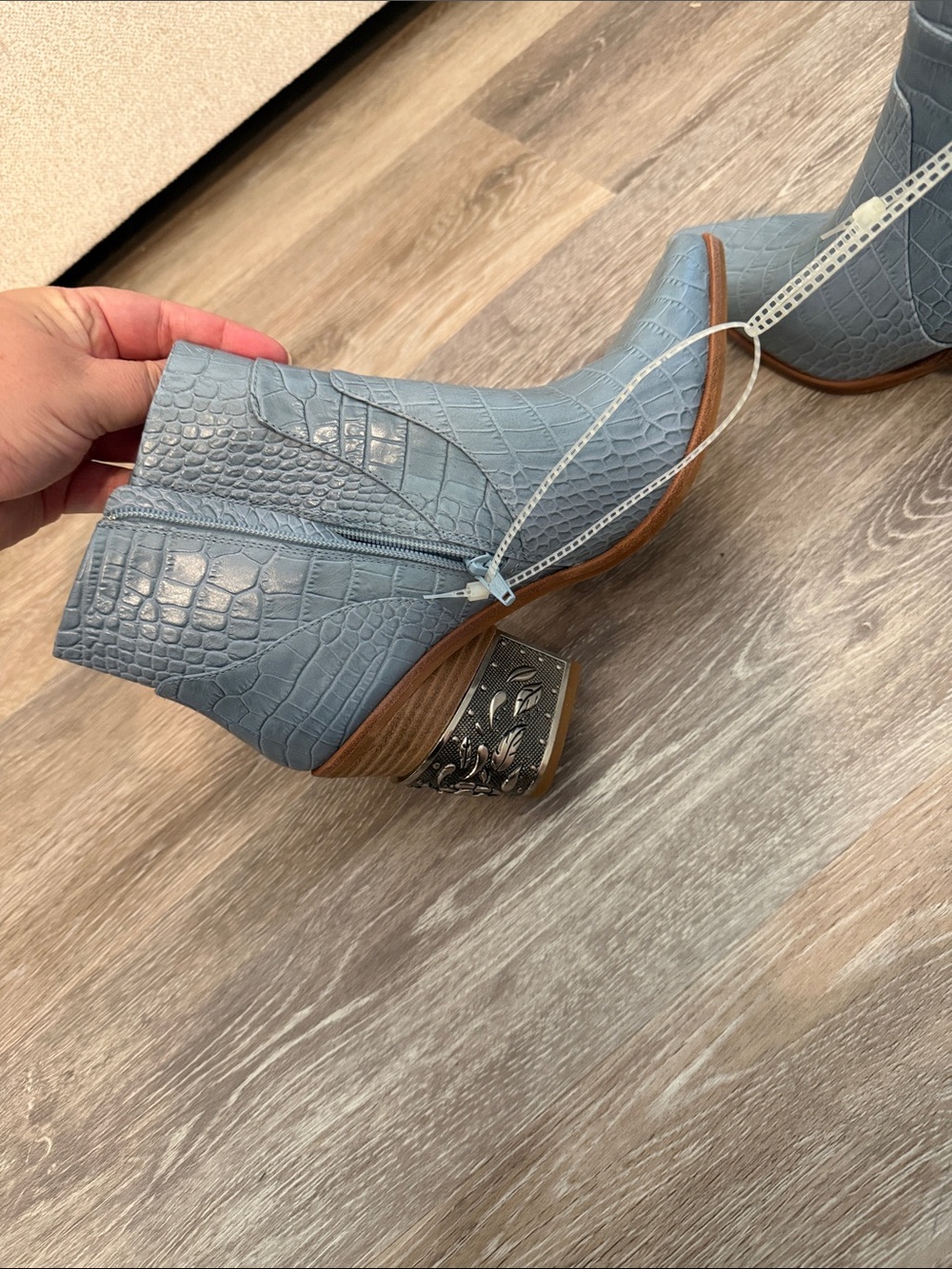 Gianni Bini Gray Croc-Embossed Ankle Booties with Decorative Block Heel - Picture 6 of 10